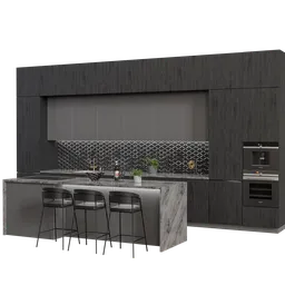 Highly detailed modern kitchen 3D model in Blender with bar stools, appliances, and centimeter precision.