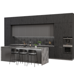 Highly detailed modern kitchen 3D model in Blender with bar stools, appliances, and centimeter precision.