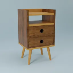 Retro-style minimalist 3D-rendered bedside cabinet with two drawers for Blender modeling.