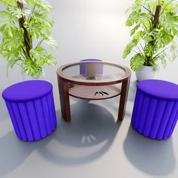 Realistic Blender 3D rendering of a coffee table with two purple poufs, ideal for interior scene modeling.