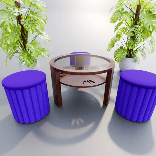 Realistic Blender 3D rendering of a coffee table with two purple poufs, ideal for interior scene modeling.