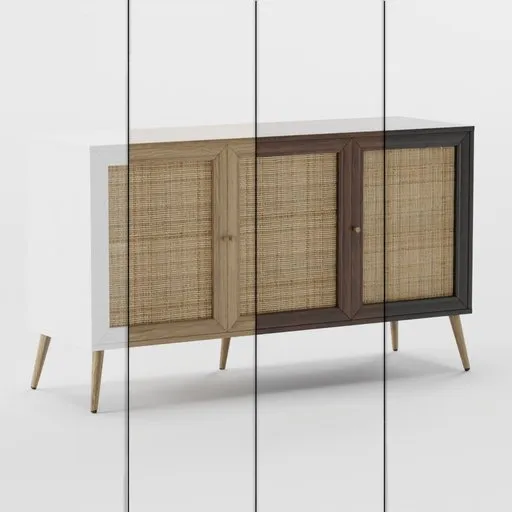 Detailed 3D model of a vintage wood and rattan dresser with customizable options, ideal for Blender rendering.