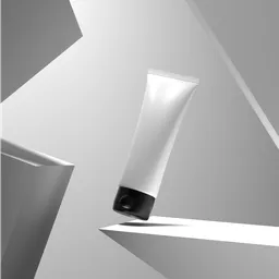 Minimalist 3D-rendered scene featuring a sleek face wash tube amidst geometric shapes, emphasizing clean design.