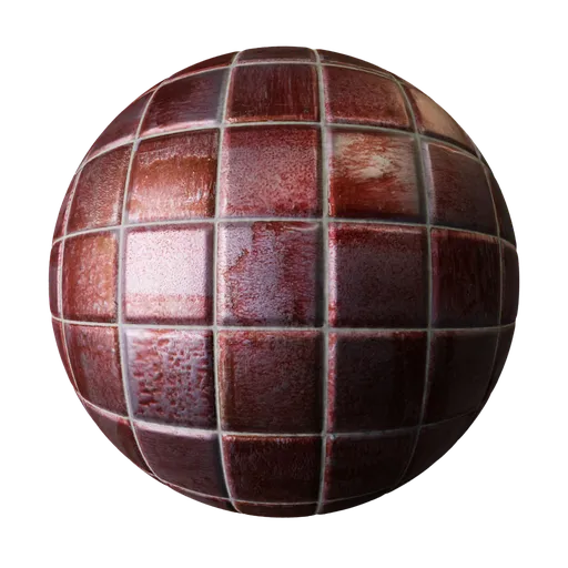 High-resolution glossy red tile 3D material with realistic smears and displacement mapping for rendering.
