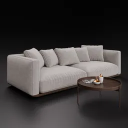 High-quality Blender 3D model of a fabric 3-seater sofa with matching coffee table and minimal decorations.