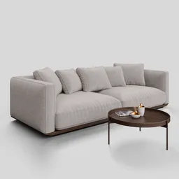 High-quality Blender 3D model of a fabric 3-seater sofa with matching coffee table and minimal decorations.