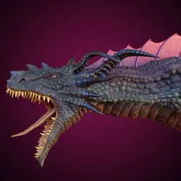 Detailed 3D dragon bust with textured scales and open mouth, designed for Blender sculpting and customization.