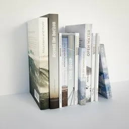 "Decorative stack of books and magazines in Blender 3D model, featuring covers with sea landscapes, Nordic summer themes, and detailed renderings. Ideal for showcasing literature in your virtual environment. Created by award-winning studio photographer Arvid Nyholm."