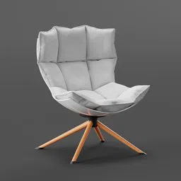 Detailed 3D Blender model of a cushioned modern chair with a unique petal-like design on a gray backdrop.