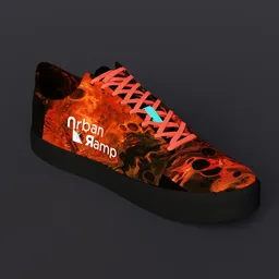 Highly detailed 3D model of a vibrant lava-textured sneaker with contrast laces, suitable for Blender renderings.