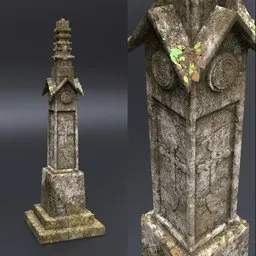 Detailed medieval tower tombstone 3D model with realistic stone texture and moss, compatible with Blender rendering engines.