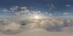 Aerial sunny cloudscape HDR for realistic lighting in 3D scenes, with a brilliant sun peering over soft clouds.