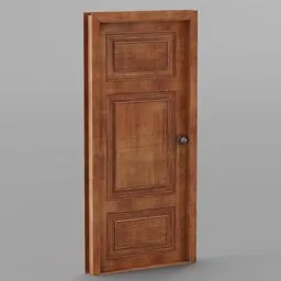 Detailed 3D wooden door model with panel design and doorknob for Blender rendering and architectural visualization.
