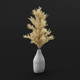 "Vase with wheat 3D model for Blender 3D: A beautiful white vase filled with realistic wheat stems on a black background. Perfect for adding natural and artistic elements to your scenes. Get this trending model featuring wind-blown trees, seamless wooden texture, and a touch of artistry from BlenderKit."