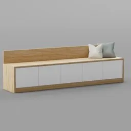 3D model of a modern sideboard cabinet with pillows, crafted in Blender, showcasing wood textures and reflective surfaces.