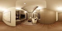 Modern 360 panoramic view of a hotel suite lounge with L-shaped sofa, wood floors, gray rug, and luxury decor.
