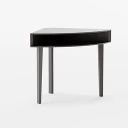 "A space-saving Corneo Solid Wood Study Table in black with a drawer and shelf, designed for comfortable work and smart storage. Perfectly nestles into a corner, with smooth rounded shapes and high detail, modeled in Blender 3D."