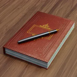 Detailed 3D render of a closed red book with gold detailing and a black pen on top, ideal for Blender 3D projects.