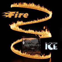 Ice cube encircled by animated fire in a 3D Blender model, showcasing a sleek contrast of elements.
