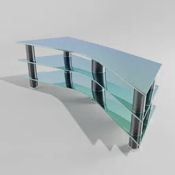 Modern glass TV table 3D model with glossy shelves and metal supports, compatible with Blender 3D design software.