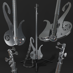 "Stash Stainless Model C# Sharp electric bass, a unique blend of innovation and beauty handcrafted in Canada by Stan Potyrala. Constructed entirely of stainless steel with custom split coil pickups and unified frets, this 3D rendered model comes with a guitar stand and strap for added realism. Perfect for any Blender 3D collection."