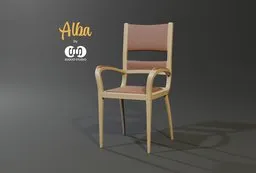 3D model of a sleek wooden dining chair with cushioned seat and backrest, compatible with Blender.