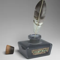 Hyper-realistic 3D-rendered quill and inkwell, perfect for digital artwork and Blender 3D enthusiasts.