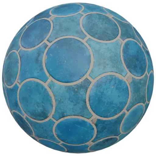 High-resolution PBR circular blue terracotta tile texture for 3D modeling and rendering in Blender.