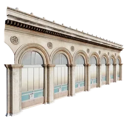 Highly detailed Blender 3D model of a classic architectural facade with arches and decorative elements, optimized for arrays and PBR textures.