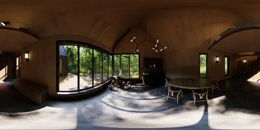 Modern home interior HDR with natural lighting, wooden dining set, leather sofa, and forest views for 3D scene lighting.