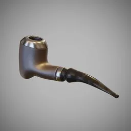 "Blender 3D model of Sherlock Holmes smoking pipe, featuring a beautifully detailed render in heavy grain-s 150 with desaturated and muted colors. This photo-realistic shaded CAD model inspired by Marius Borgeaud boasts a grey metal body, sharp nose with rounded edges and no hood. A golden chalice and horn add to the exquisite design."