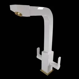 Detailed white and gold 3D model of a modern kitchen faucet, optimized for Blender rendering.