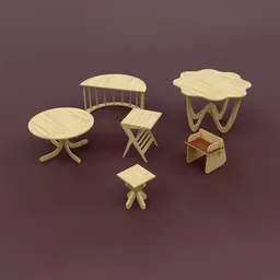 Modular plywood kids furniture 3D model, Blender compatible, includes chairs, table, stool, and shelf.