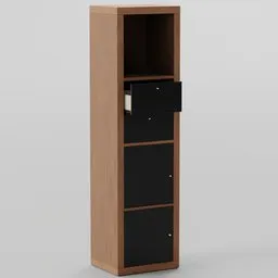 "Wooden shelf with three drawers, designed for Blender 3D. Control doors and drawers using constraints. High-resolution product photo of a tall cabinet with black and brown colors, inspired by Robert Goodnough's art. Perfect for product design renders and security camera simulations."

Note: It's important to note that alt text should accurately describe the content of the image for accessibility purposes, rather than focusing solely on SEO optimization.