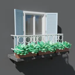 Low poly 3D balcony window model with stylized plants for Blender architecture visualization.