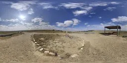 360-degree high-resolution HDR image featuring a vibrant blue sky dotted with fluffy clouds and a sunlit landscape.