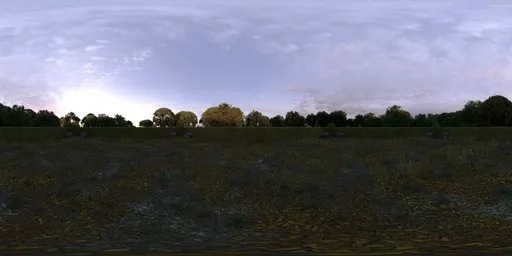 360-degree HDR panorama of a tranquil garden with purple flowers and trimmed hedges for scene lighting.