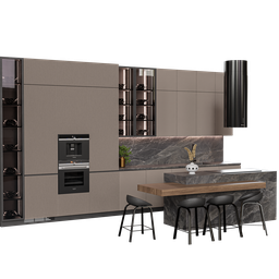 Highly-detailed modern kitchen 3D model with appliances and furniture, created in Blender and rendered with cycles.