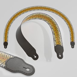 "Discover the sophisticated "Guitar - bass strap with curve control" 3D model for Blender 3D. This intricately designed leather strap features adjustable color, embossed tiger pattern, and personalized label options. Perfect for musical instrument enthusiasts and designers alike."