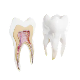 Detailed 3D model of a healthy human tooth, half cross-section showing internal structure and nerves, rendered in Blender.