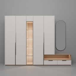 "Modern Closet 3D model for Blender 3D - Showcase Shelfs and Dressing Mirror with Storage Cabinet and Drawers. Featuring sleek and elegant design with copper elements and inspired by Domenico Zampieri. Perfect for interior design projects."