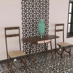 3D model of a wooden wall-mounted table set with two chairs and decorative vase for Blender rendering.