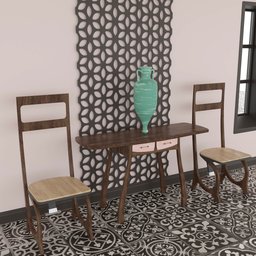 "Blender 3D model of a stylish wall table with two chairs and vase, in post war style. Featuring intricate arabesque design and smooth surfaced rendering. Perfect for interior design projects and 3D character scenes."