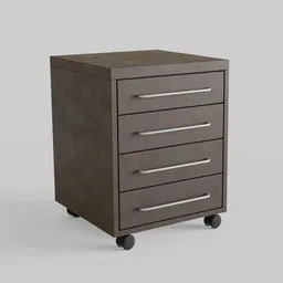 Dark wooden office drawers on wheels 3D model, realistic Blender asset for workspace design.