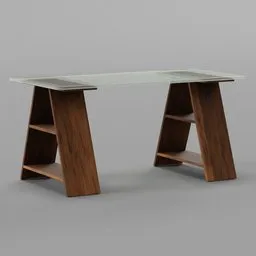 3D rendered modern desk with sleek glass surface and wooden supports, ideal for Blender 3D projects.
