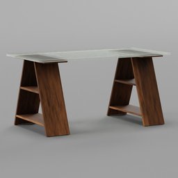 "High-end 3D model of a modern desk with sleek wooden trestle and glass top, perfect for Blender 3D design projects."