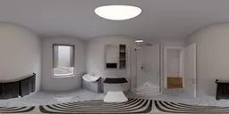 360-degree HDR panorama of a bright, stylish bathroom with modern amenities and striped rug for lighting scenes.