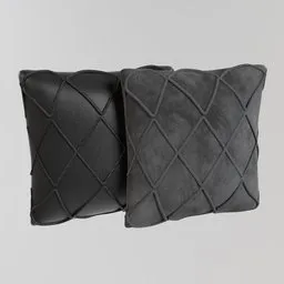 "Black decorative pillows with tonal topstitching on a white background, perfect for your Blender 3D sofa scene. Model created using Blender and rendered with Vray. Bump mapping and stable diffusion AI used for optimal detail."