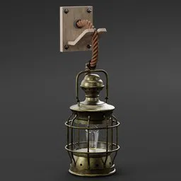 Detailed 3D rendering of a vintage brass hall lantern with glass panels and twisted cable, suitable for Blender projects.