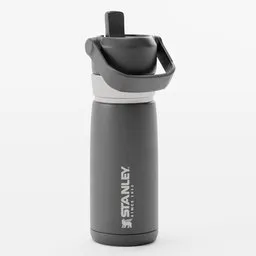 "A sleek black metal water bottle with a handle and lid, perfect for staying hydrated on the go. This 3D model was created in Blender 3D and features a trident and crown design, as well as a straw for easy drinking access. Quality textures and highly upvoted by users in the drugs category on BlenderKit."